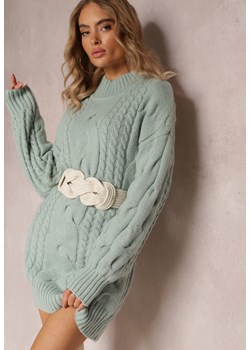 Jasnozielony Długi Sweter o Luźnym Kroju z Warkoczykowym Splotem Penerria ze sklepu Renee odzież w kategorii Swetry damskie - zdjęcie 163592829