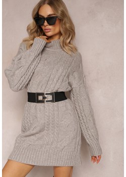 Szary Długi Sweter o Luźnym Kroju z Warkoczykowym Splotem Penerria ze sklepu Renee odzież w kategorii Swetry damskie - zdjęcie 163592849