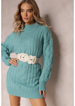 Miętowy Długi Sweter o Luźnym Kroju z Warkoczykowym Splotem Penerria ze sklepu Renee odzież w kategorii Swetry damskie - zdjęcie 163597167