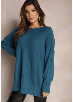 Ciemnoniebieski Oversizowy Sweter o Przedłużonym Fasonie z Rękawami Typu Nietoperz Porunxa ze sklepu Renee odzież w kategorii Swetry damskie - zdjęcie 163597257
