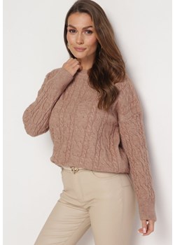 Ciemnobeżowy Sweter Ozdobiony Klasycznym Splotem Lacemisa ze sklepu Born2be Odzież w kategorii Swetry damskie - zdjęcie 163597617