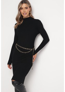 Czarna Sukienka Prążkowana Ozdobiona Cyrkoniami na Rękawach Lodiame ze sklepu Born2be Odzież w kategorii Sukienki - zdjęcie 163598005