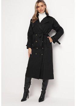 Czarny Długi Płaszcz Trencz Dwurzędowy z Paskiem w Talii Cadenite ze sklepu Born2be Odzież w kategorii Płaszcze damskie - zdjęcie 163632269