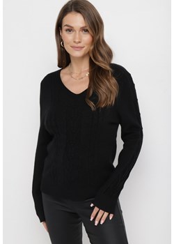 Czarny Sweter z Ozdobnym Splotem i Trójkątnym Dekoltem Barbisae ze sklepu Born2be Odzież w kategorii Swetry damskie - zdjęcie 163632779