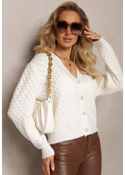Biały Sweter Kardigan z Biżuteryjnymi Guzikami i Perełkami Businure ze sklepu Renee odzież w kategorii Swetry damskie - zdjęcie 163632848