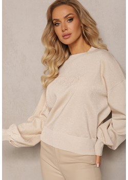 Beżowy Klasyczny Sweter z Metaliczną Nitką i Napisem Actylia ze sklepu Renee odzież w kategorii Swetry damskie - zdjęcie 163638908