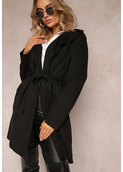 Czarny Płaszcz z Guzikami i Paskiem Michellas ze sklepu Renee odzież w kategorii Płaszcze damskie - zdjęcie 163646605