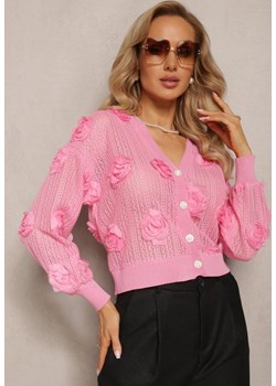 Różowy Kardigan z Ażurowym Zdobieniem w Kwiaty Barimona ze sklepu Renee odzież w kategorii Swetry damskie - zdjęcie 163646789