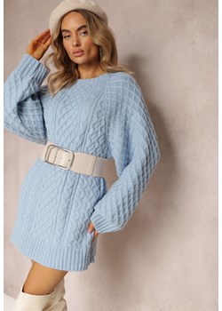 Jasnoniebieski Długi Sweter Ozdobiony Drobnym Splotem Killoe ze sklepu Renee odzież w kategorii Swetry damskie - zdjęcie 163823687