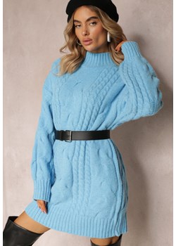 Niebieski Długi Sweter o Luźnym Kroju z Warkoczykowym Splotem Penerria ze sklepu Renee odzież w kategorii Swetry damskie - zdjęcie 163823747