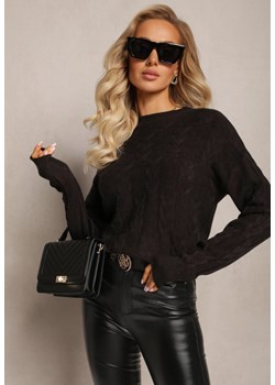 Czarny Warkoczowy Sweter z Długim Rękawem i Ściągaczami Kaviss ze sklepu Renee odzież w kategorii Swetry damskie - zdjęcie 163823915