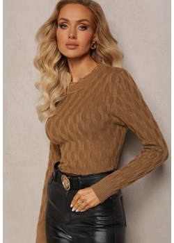 Brązowy Sweter z Okrągłym Dekoltem i Tłoczeniami w Kształcie Liści Timaphone ze sklepu Renee odzież w kategorii Swetry damskie - zdjęcie 163823965