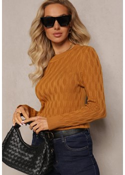 Brązowy  Sweter z Okrągłym Dekoltem i Tłoczeniami w Kształcie Liści Timaphone ze sklepu Renee odzież w kategorii Swetry damskie - zdjęcie 163823975