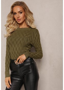 Zielony Sweter z Okrągłym Dekoltem i Tłoczeniami w Kształcie Liści Timaphone ze sklepu Renee odzież w kategorii Swetry damskie - zdjęcie 163823985