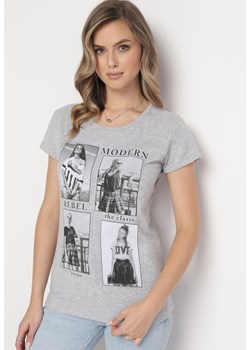 Szary Bawełniany T-shirt z Nadrukiem i Brokatem Kruita ze sklepu Born2be Odzież w kategorii Bluzki damskie - zdjęcie 163824399