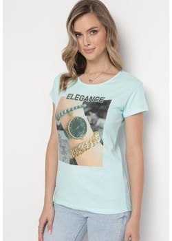 Miętowy Bawełniany T-shirt z Prostokątnym Nadrukiem i Brokatem Silpa ze sklepu Born2be Odzież w kategorii Bluzki damskie - zdjęcie 163824419