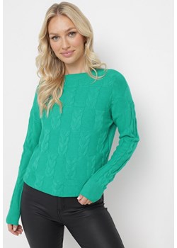 Zielony Sweter o Warkoczowym Splocie z Okrągłym Dekoltem Selinera ze sklepu Born2be Odzież w kategorii Swetry damskie - zdjęcie 163824629