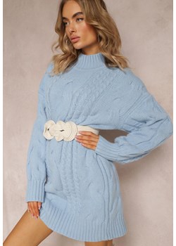 Jasnoniebieski Długi Sweter o Luźnym Kroju z Warkoczykowym Splotem Penerria ze sklepu Renee odzież w kategorii Swetry damskie - zdjęcie 163833775