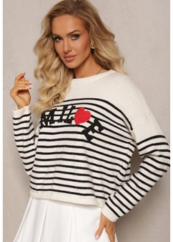 Beżowo-Czarny Sweter z Napisem Smile i Wzorem w Paski Suwaia ze sklepu Renee odzież w kategorii Swetry damskie - zdjęcie 163833838