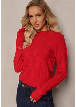 Czerwony Warkoczowy Sweter z Długim Rękawem i Ściągaczami Kaviss ze sklepu Renee odzież w kategorii Swetry damskie - zdjęcie 163833898