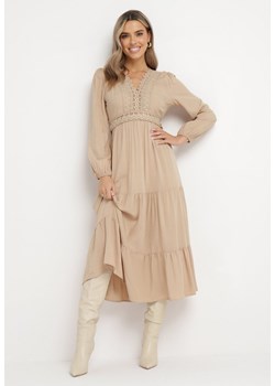 Beżowa Rozkloszowana Sukienka z Koronką Brightyn ze sklepu Born2be Odzież w kategorii Sukienki - zdjęcie 163859135