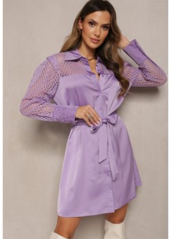 Fioletowa Mini Sukienka o Koszulowym Fasonie z Materiałowym Paskiem i Siateczką Idanes ze sklepu Renee odzież w kategorii Sukienki - zdjęcie 163859529