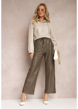 Zielone Spodnie z Szerokimi Nogawkami i Gumką w Talii z Imitacji Skóry Agasa ze sklepu Renee odzież w kategorii Spodnie damskie - zdjęcie 163886399