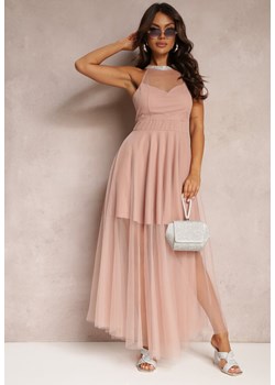 Różowa Maxi Sukienka o Rozkloszowanym Fasonie z Długim Tiulem i Ozdobnymi Cyrkoniami Amorah ze sklepu Renee odzież w kategorii Sukienki - zdjęcie 163886425