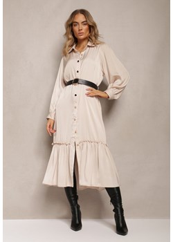 Beżowa Koszulowa Sukienka Midi z Paskiem i Ozdobną Falbanką Mulimani ze sklepu Renee odzież w kategorii Sukienki - zdjęcie 163886639