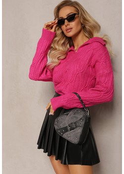 Fuksjowy Sweter z Dekoltem w Serek i Ozdobnym Splotem Travissa ze sklepu Renee odzież w kategorii Swetry damskie - zdjęcie 163930257