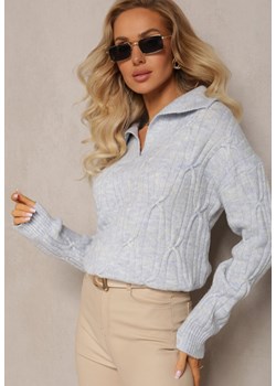 Jasnoniebieski Sweter z Dekoltem w Serek i Ozdobnym Splotem Travissa ze sklepu Renee odzież w kategorii Swetry damskie - zdjęcie 163930267