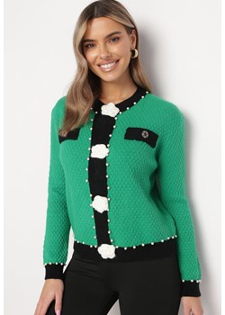 Zielony Wiskozowy Kardigan Zapinany na Guziki z Perłami i Kwiatami Salana ze sklepu Born2be Odzież w kategorii Swetry damskie - zdjęcie 163930617