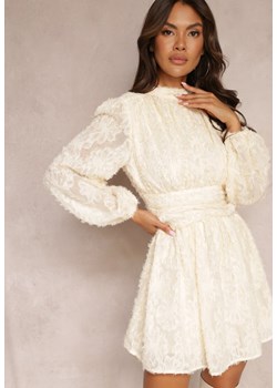 Beżowa Koronkowa Sukienka Mini z Gumką w Pasie Netta ze sklepu Renee odzież w kategorii Sukienki - zdjęcie 164343726