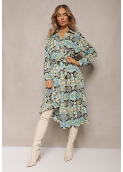 Niebieska Koszulowa Sukienka Midi w Fantazyjny Print z Paskiem Biuve ze sklepu Renee odzież w kategorii Sukienki - zdjęcie 164409065