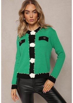 Zielony Kardigan z Wiskozy o Klasycznym Fasonie z Perłami i Kwiatami Kallu ze sklepu Renee odzież w kategorii Swetry damskie - zdjęcie 164409235