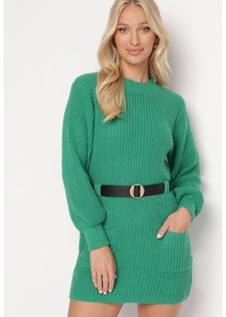 Zielona Dzianinowa Sukienka Mini w Prążki z Paskiem Milane ze sklepu Born2be Odzież w kategorii Sukienki - zdjęcie 164436039