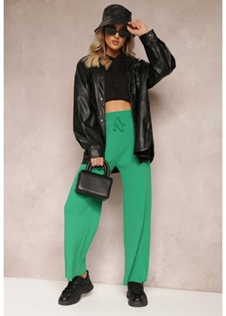 Zielone Dzianinowe Spodnie w Prążki z Gumką w Pasie i Szerokimi Nogawkami Florresta ze sklepu Renee odzież w kategorii Spodnie damskie - zdjęcie 164436577