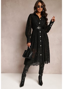 Czarna Koszulowa Midi Sukienka z Koronki o Rozkloszowanym Kroju Richmute ze sklepu Renee odzież w kategorii Sukienki - zdjęcie 164441235