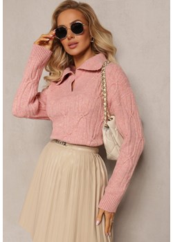 Różowy Sweter z Dekoltem w Serek i Ozdobnym Splotem Travissa ze sklepu Renee odzież w kategorii Swetry damskie - zdjęcie 164441329