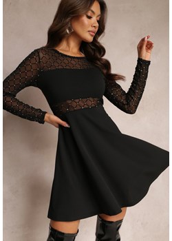 Czarna Rozkloszowana Sukienka Mini ze Wstawkami z Siateczki i Brokatu Liukas ze sklepu Renee odzież w kategorii Sukienki - zdjęcie 164441529