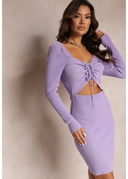 Fioletowa Prążkowana Mini Sukienka o Dopasowanym Fasonie z Wiązaniem i Wycięciem Xerdessa ze sklepu Renee odzież w kategorii Sukienki - zdjęcie 164496008