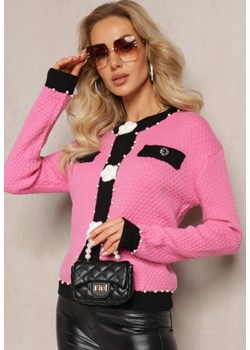 Różowy Kardigan z Wiskozy o Klasycznym Fasonie z Perłami i Kwiatami Kallu ze sklepu Renee odzież w kategorii Swetry damskie - zdjęcie 164496018