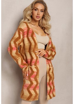 Ciemnobeżowy Luźny Kardigan Niezapinany w Geometryczny Print Sheshy ze sklepu Renee odzież w kategorii Swetry damskie - zdjęcie 164499189