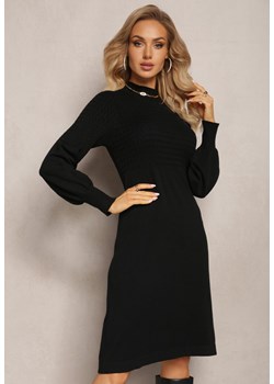 Czarna Sweterkowa Sukienka Mini z Półgolfem i Warkoczykowym Splotem Tenelia ze sklepu Renee odzież w kategorii Sukienki - zdjęcie 164506839