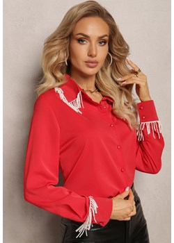 Czerwona Koszula z Długim Rękawem Ozdobiona Wiszącymi Perełkami Fadura ze sklepu Renee odzież w kategorii Koszule damskie - zdjęcie 164506869