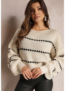 Jasnobeżowy Sweter z Szerokimi Bufiastymi Rękawami i Drobnym Wzorem Nigistis ze sklepu Renee odzież w kategorii Swetry damskie - zdjęcie 164506959
