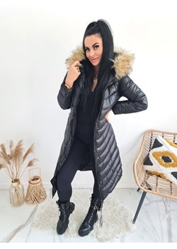 nowość długa zimowa kurtka płaszcz norway z kapturem i futrem - czarna ze sklepu STYLOWO w kategorii Kurtki damskie - zdjęcie 164522015
