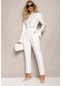 Biały Koronkowy Komplet 2-Częściowy ze Spodniami z Luźną Nogawką i Bluzką z Wycięciami Gerja ze sklepu Renee odzież w kategorii Komplety i garnitury damskie - zdjęcie 164526208