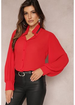 Czerwona Koszula ze Stójką w Cyrkonie i Bufiastym Rękawem Kutto ze sklepu Renee odzież w kategorii Koszule damskie - zdjęcie 164526268