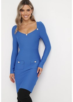 Niebieska Sukienka Dopasowana z Perłami i Długim Rękawem Juhisa ze sklepu Born2be Odzież w kategorii Sukienki - zdjęcie 164529327